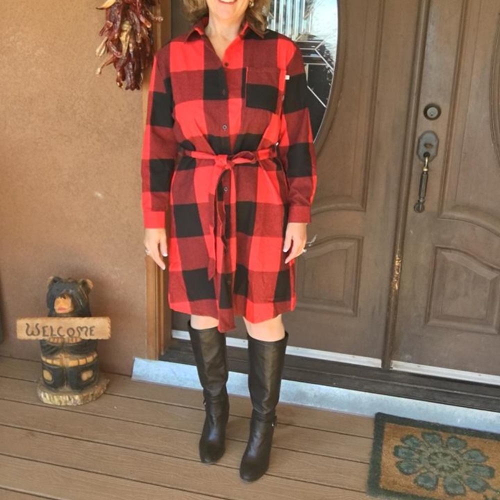 Flannel Shirt Dress Buffalo Plaid-Red/Black